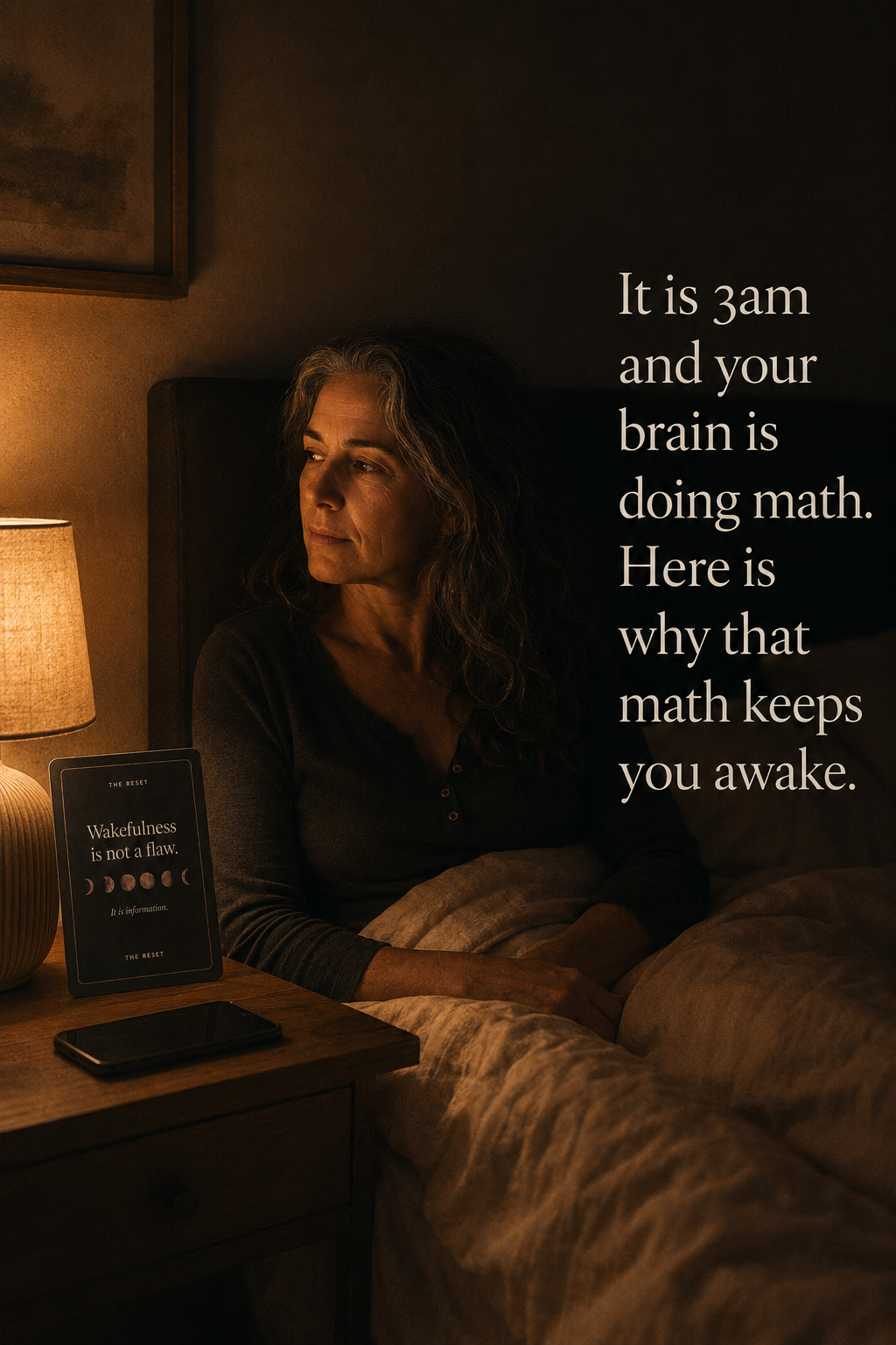 A woman awake in bed at 3am, softly lit by a bedside lamp.