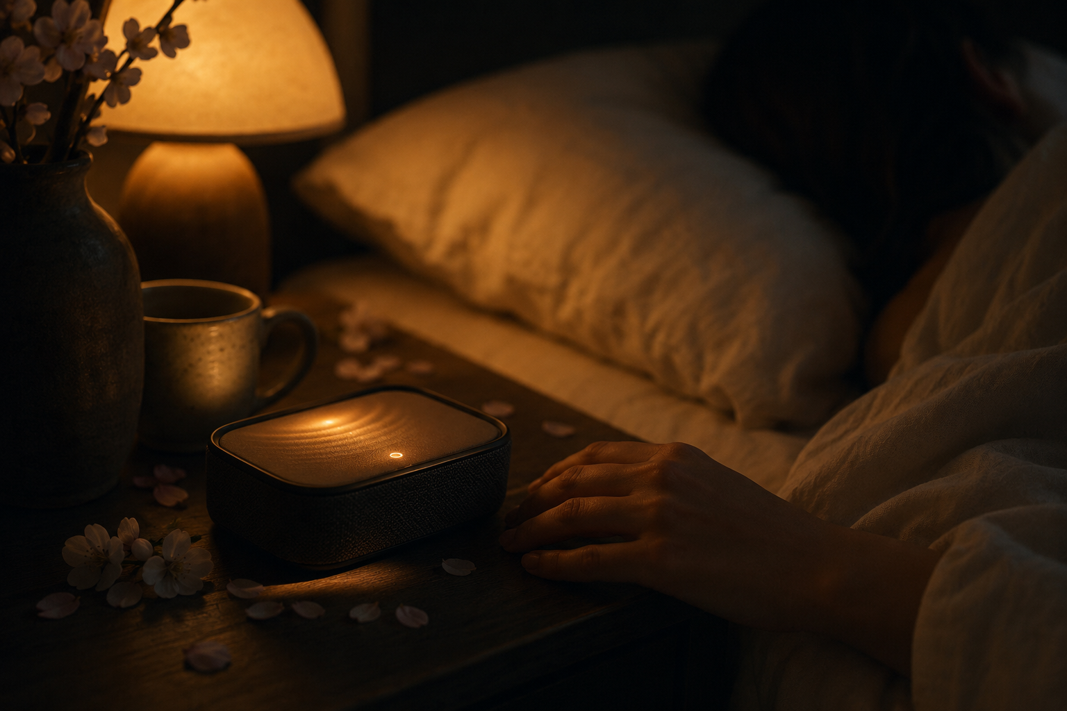 A hand resting near a softly glowing speaker on a bedside table at night