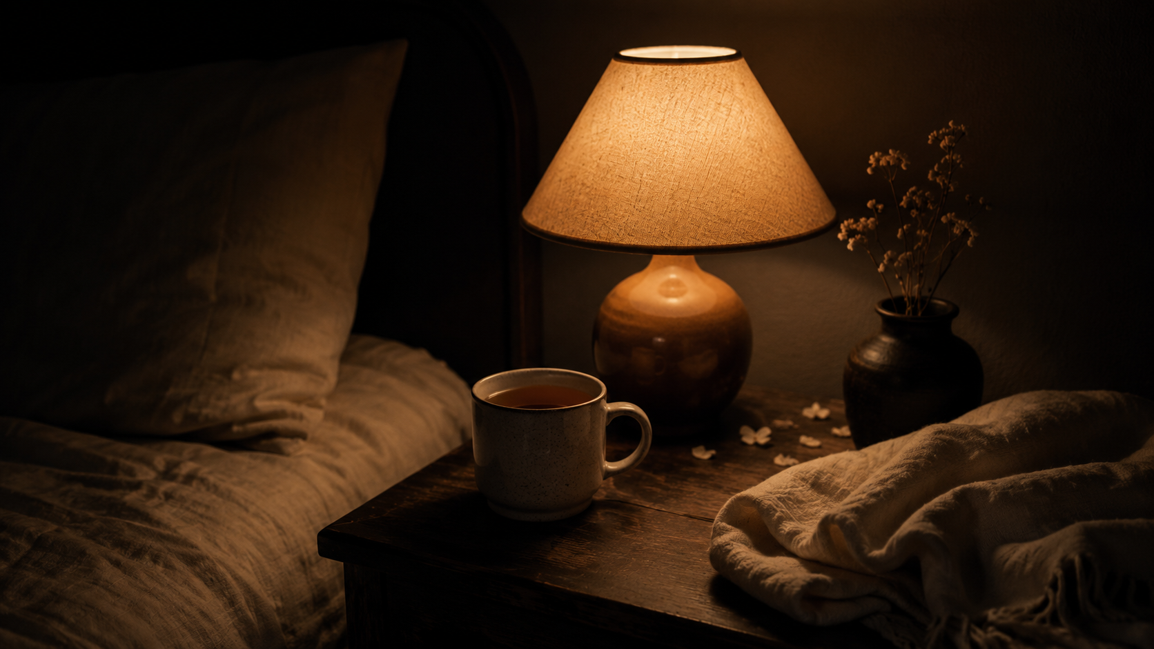 A warmly lit bedside lamp with a mug of tea and folded linen throw